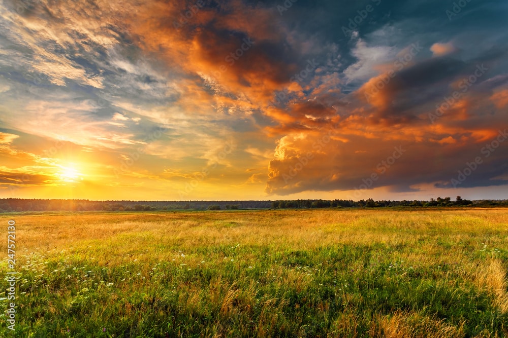 Sonnenuntergang über ruhiger Wiese, symbolisiert Frieden und Trost für schwerstkranke Menschen in häuslicher Betreuung